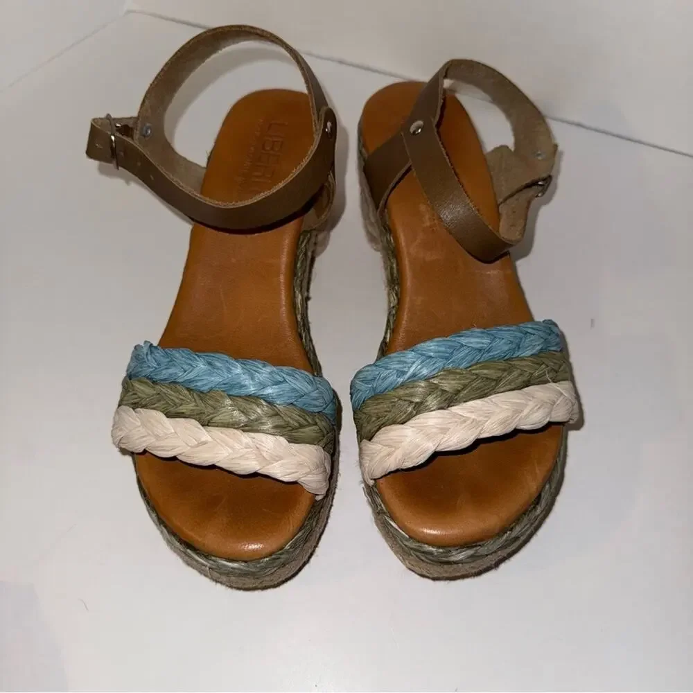 NWOT LIBERITAE ankle strap woven block heel boho vacation resort espadrilles 37